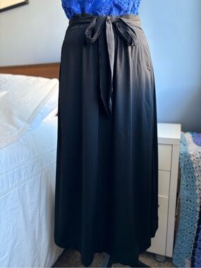 The Kooples Classic Black Tie-Waist A-Line Midi Skirt with Pockets